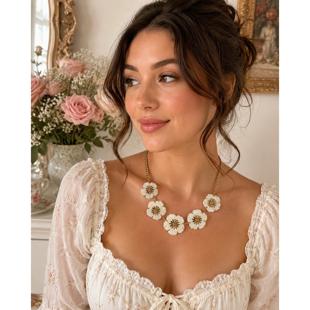 White Floral Statement Necklace Gold Tone Adjustable Bib Necklace